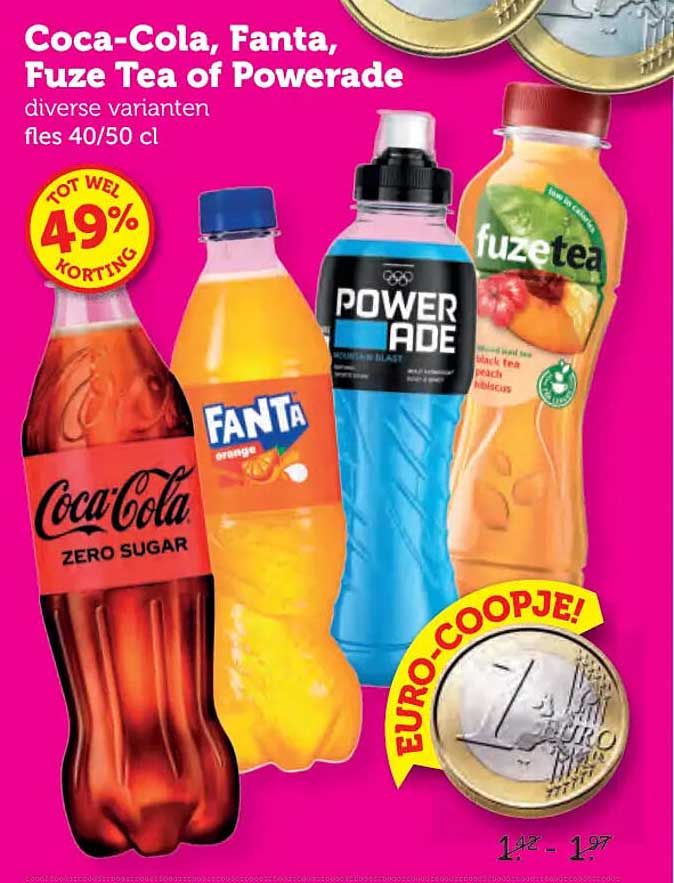Coca-Cola, Fanta, Fuze Tea of Powerade diverse varianten fles 40/50 cl