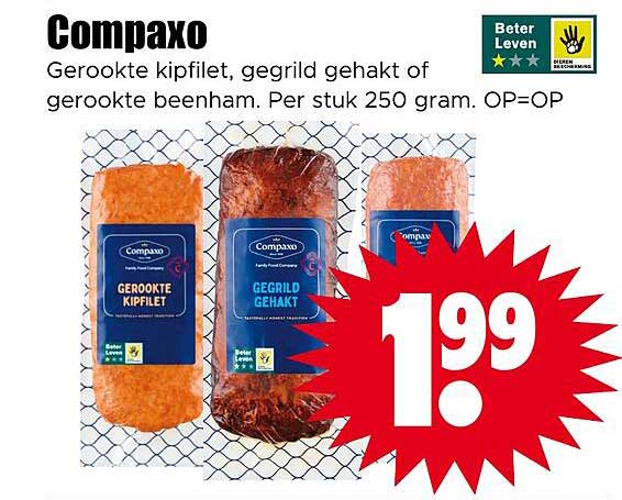 Compaxo Gerookte kipfilet, gegrild gehakt of gerookte beenham. Per stuk 250 gram OP=OP