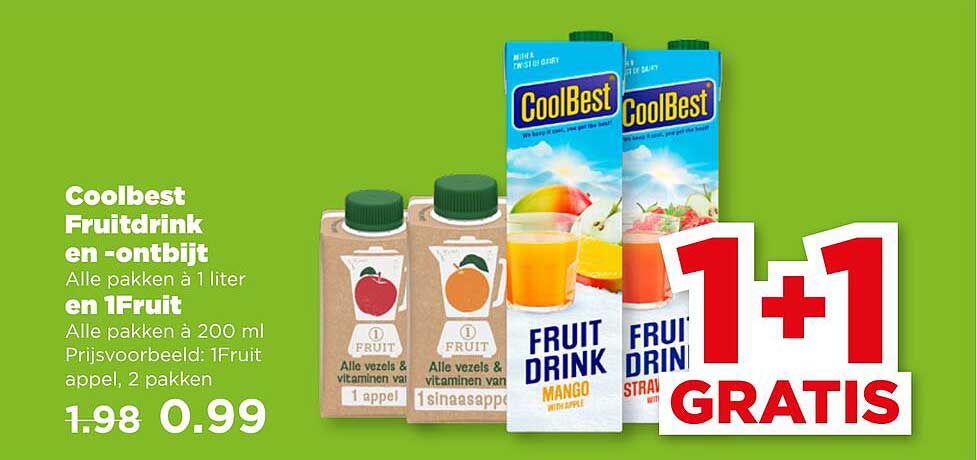 Coolbest Fruitdrink en -ontbijt Alle pakken à 1 liter en 1Fruitr Alle pakken à 200 ml Prijsvoorbeeld: 1Fruitr appel, 2 pakken 1+1 GRATIS