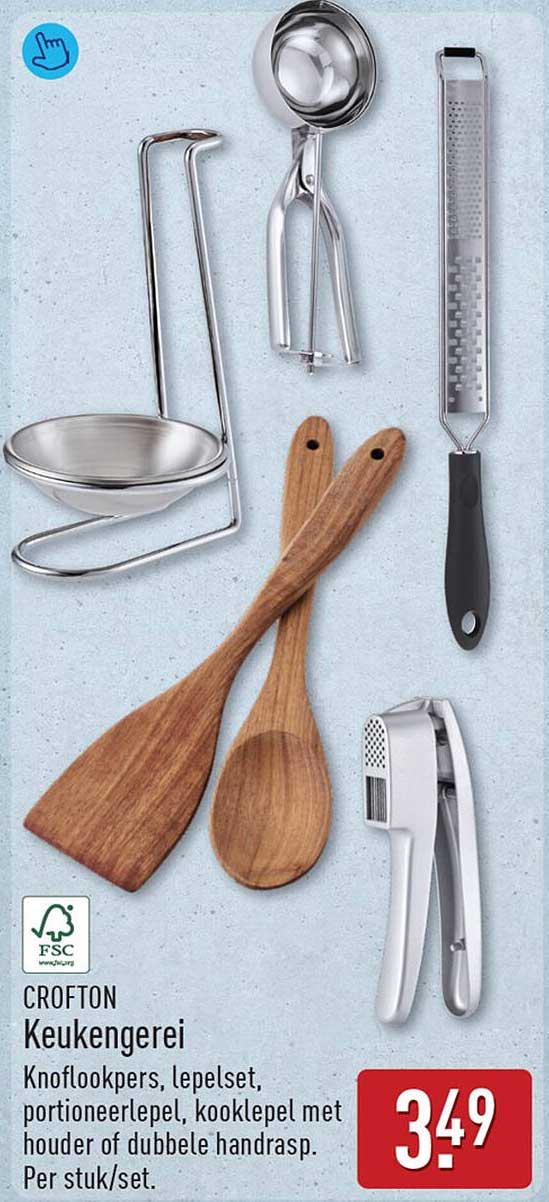 CROFTON Keukengerei Knoflookpers, lepelset, portioneerslepel, kooklepel met houder of dubbele handrasp.