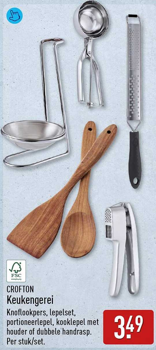 CROFTON Keukengerei Knoflookpers, lepelsset, portioneerslepel, kooklepel met houder of dubbele handrasp. Per stuk/set.