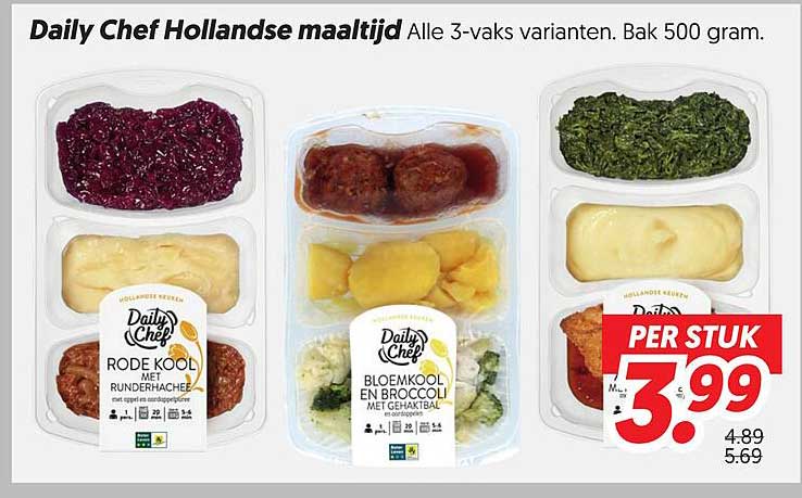 Daily Chef Hollandse maaltijd Alle 3-vaks varianten. Bak 500 gram. PER STUK