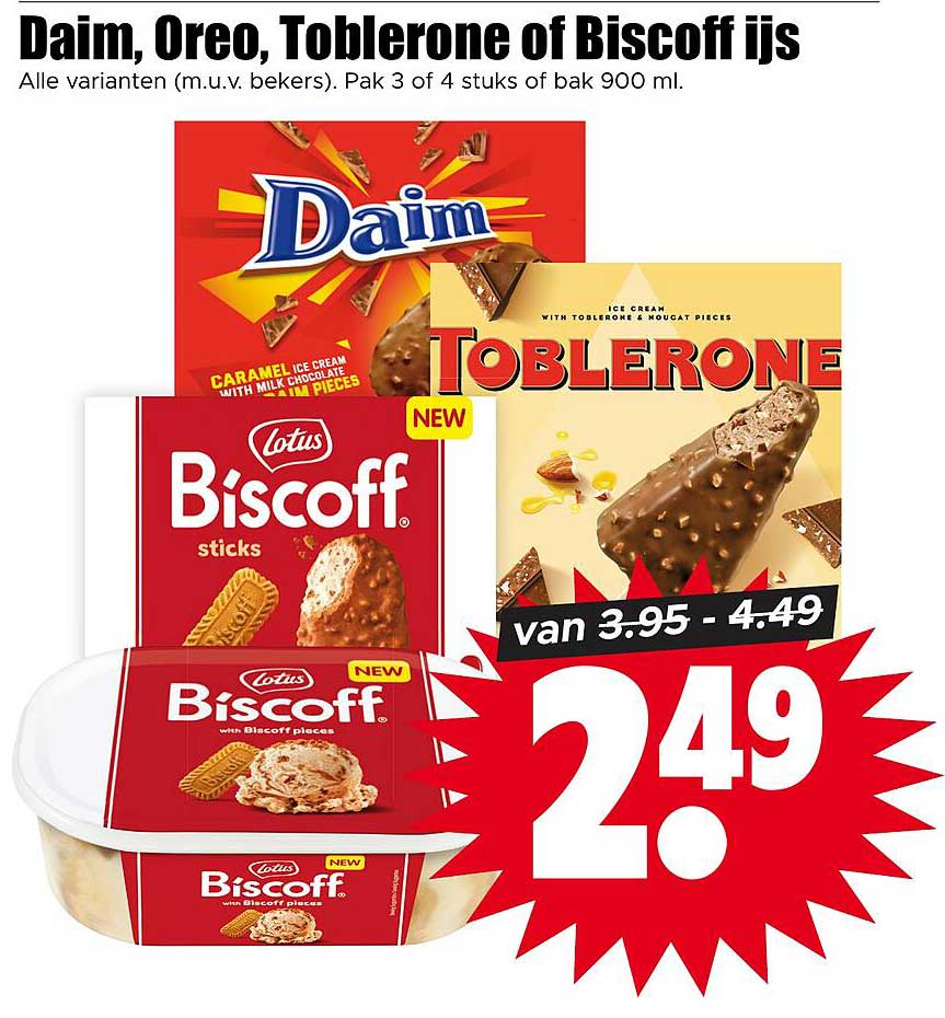Daim, Oreo, Toblerone of Biscoff ijs
