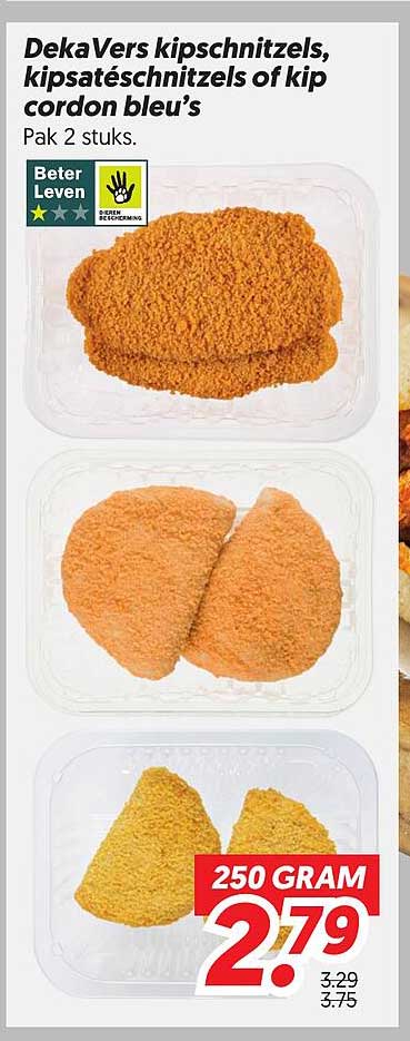 DekaVers kipschnitzels, kipsaté­schnitzels of kip cordon bleu’s Pak 2 stuks 250 GRAM