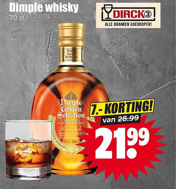 Dimple whisky 70 cl 7.- KORTING!