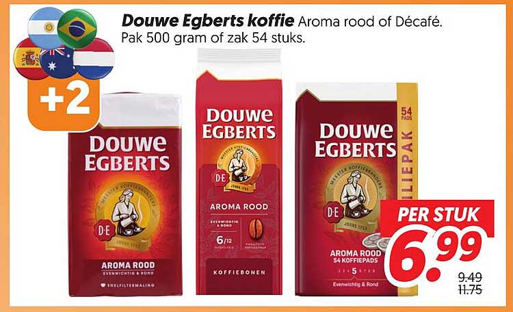 Douwe Egberts koffie Aroma rood of Décafé. Pak 500 gram of zak 54 stuks. +2