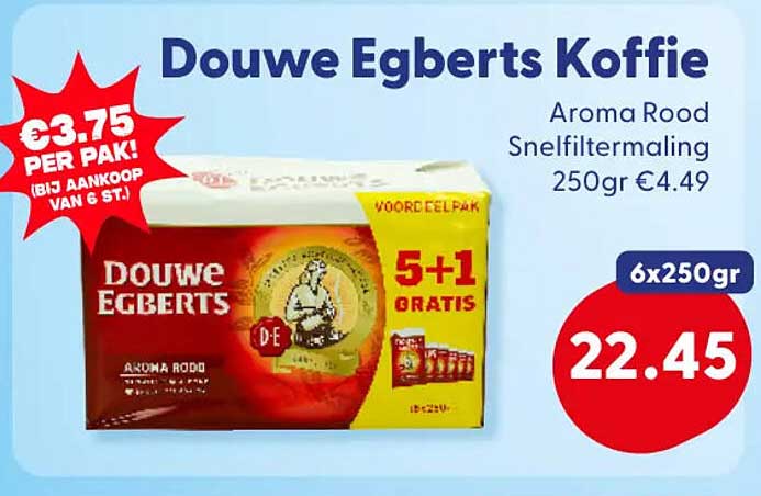 Douwe Egberts Koffie Aroma Rood Snelfiltermaling 250gr 5+1 gratis