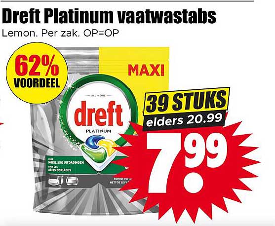 Dreft Platinum vaatwastabs Lemon. Per zak. OP=OP