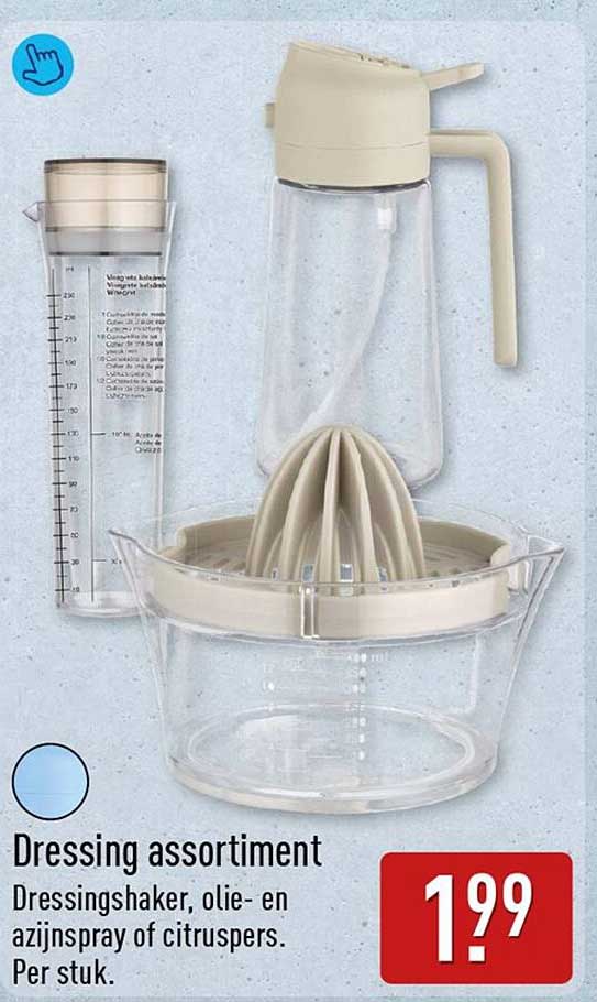 Dressing assortiment Dressingshaker, olie- en azijndspray of citruspers. Per stuk.