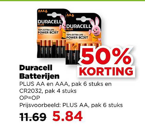 Duracell Batterijen PLUS AA en AAA, pak 6 stuks en CR2032, pak 4 stuks OP=OP 50% KORTING