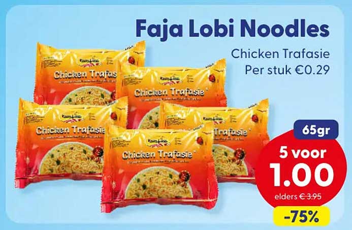 Faja Lobi Noodles Chicken Trafasie 65gr 5 voor 1.00 -75%