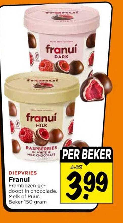 Franui Frambozen gedoopt in chocolade. Melk of Puur. Beker 150 gram