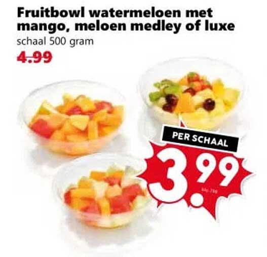 Fruitbowl watermeloen met mango, meloen medley of luxe schaal 500 gram