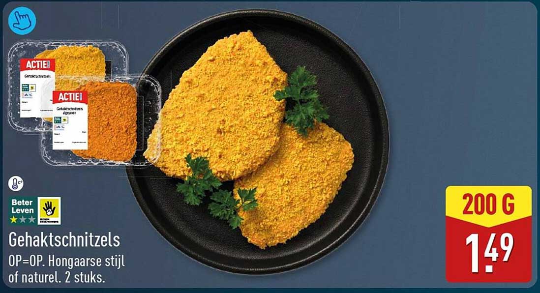Gehaktschnitzels 0P=0P. Hongaarse stijl of naturel. 2 stuks.