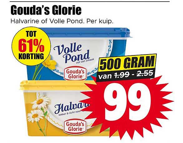 Gouda’s Glorie Halvarine of Volle Pond. Per kuip. 500 gram