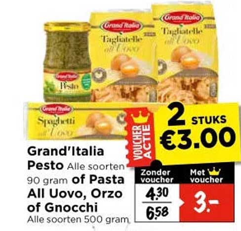 Grand'Italia Pesto Alle soorten 90 gram of Pasta All Uovo, Orzo of Gnocchi Alle soorten 500 gram VOUCHER ACTIE 2 STUKS €3.00