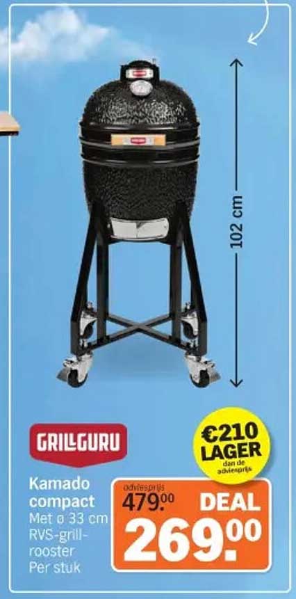 GRILGURU Kamado compact Met ø 33 cm RVS-grill-rooster Per stuk