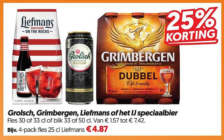 Grolsch, Grimbergen, Liefmans of het IJ speciaalbier 25% korting