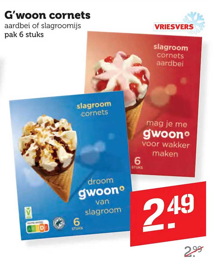 G'woon cornets aardbei of slagroomijs pak 6 stuks