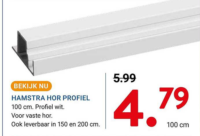HAMSTRA HOR PROFIEL 100 cm. Profiel wit. Voor vaste hor. Ook leverbaar in 150 en 200 cm.
