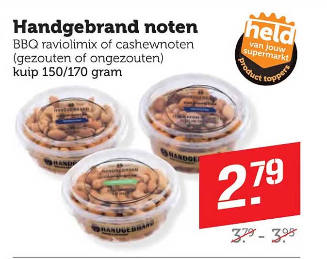 Handgebrand noten BBQ raviolimix of cashewnoten (gezouten of ongezouten) kuip 150/170 gram