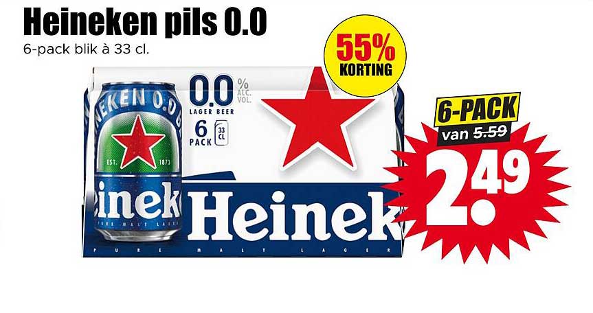 Heineken pils 0.0 6-pack blik à 33 cl. 55% KORTING
