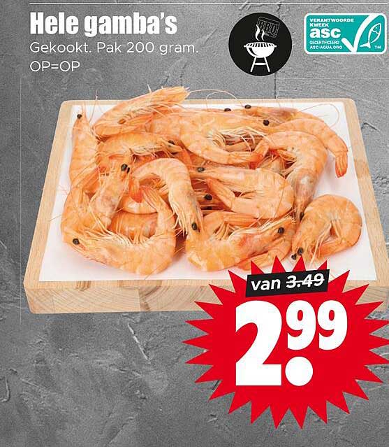 Hele gamba’s Gekookt. Pak 200 gram. OP=OP