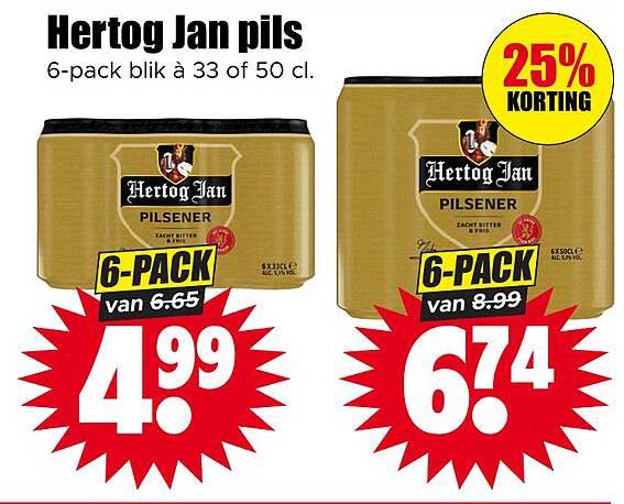 Hertog Jan pils 6-pack blik à 33 of 50 cl. 25% KORTING