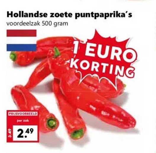 Hollandse zoete puntpaprika's voordeelzak 500 gram 1 EURO KORTING
