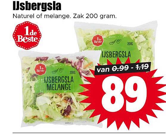 IJsbergsla Naturel of melange. Zak 200 gram.