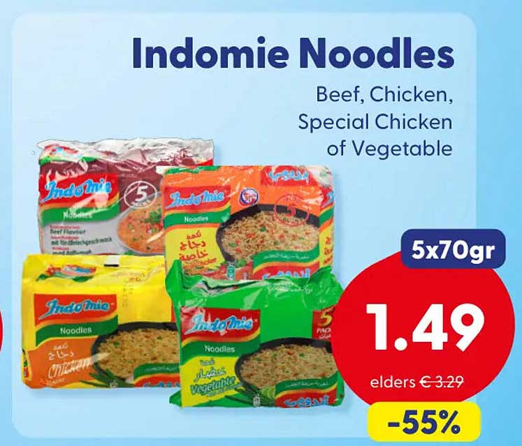 Indomie Noodles Beef, Chicken, Special Chicken of Vegetable 5x70gr -55%