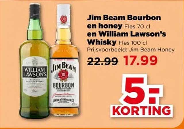 Jim Beam Bourbon en honey Fles 70 cl en William Lawson’s Whisky Fles 100 cl 5% korting