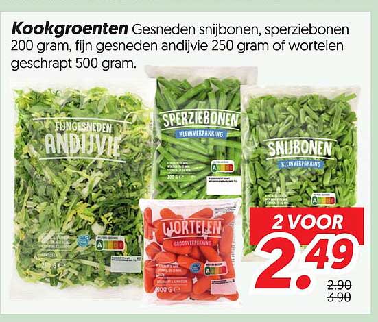 Kookgroenten Gesneden snijbonen, sperziebonen 200 gram, fijn gesneden andijvie 250 gram of wortelen gesnapt 500 gram. 2 VOOR