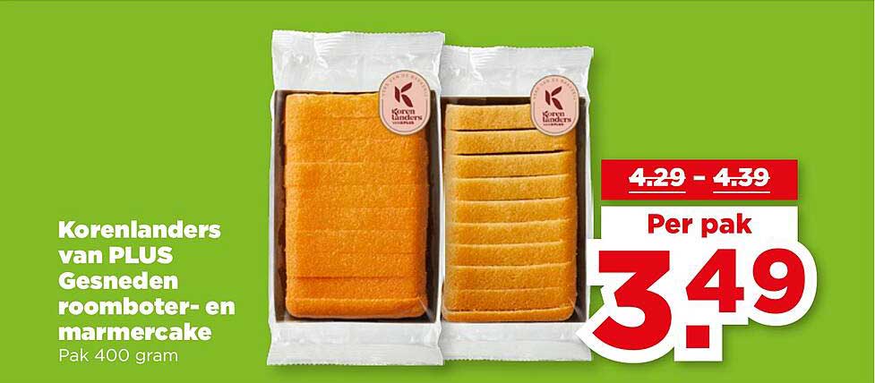 Korenlanders van PLUS Gesneden roomboter- en marmercake Pak 400 gram