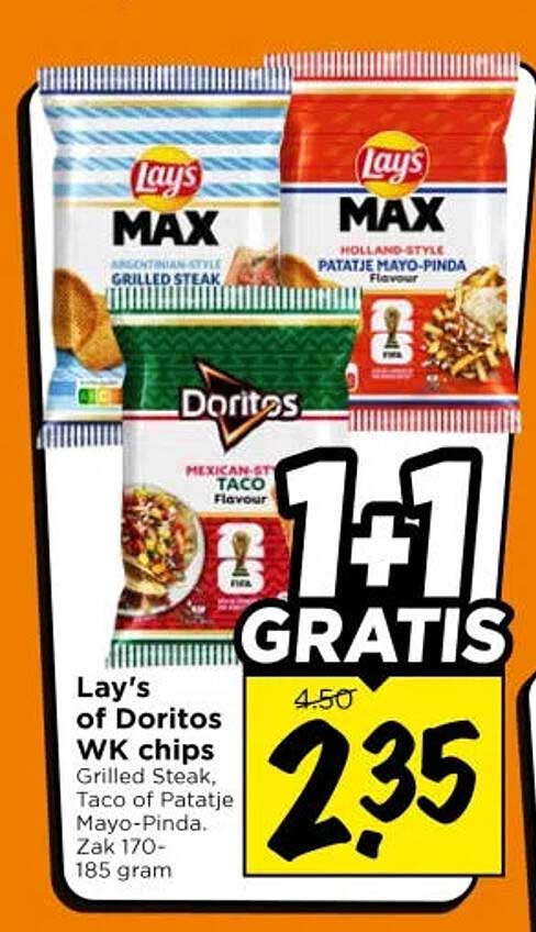 Lay's of Doritos WK chips Grilled Steak, Taco of Patatje Mayo-Pinda. Zak 170-185 gram 1+1 gratis