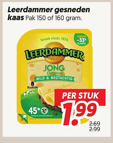 Leerdammer gesneden kaas Pak 150 of 160 gram.