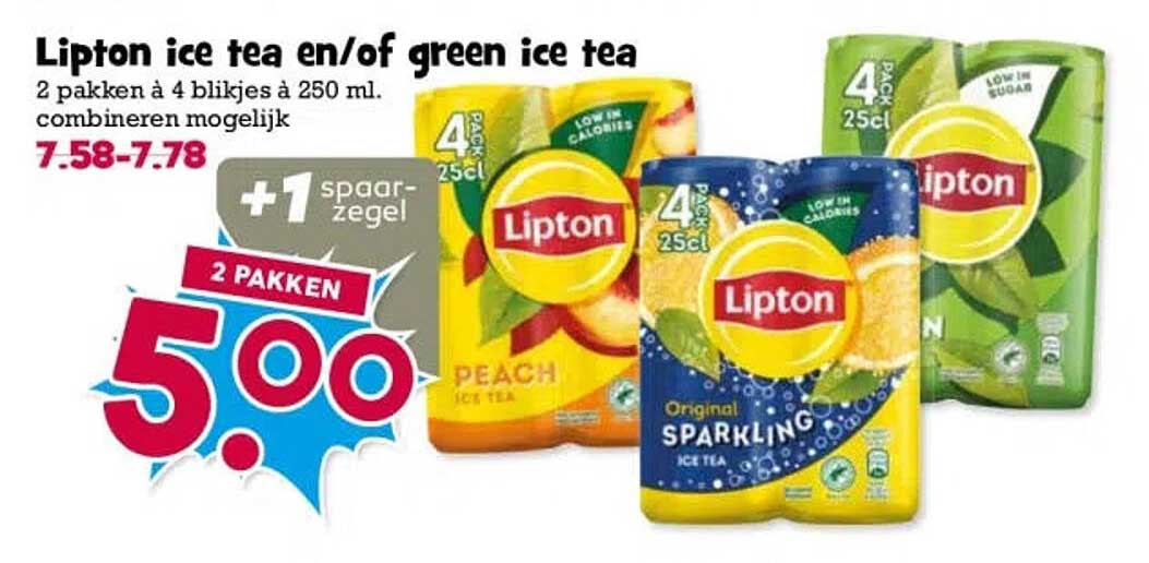 Lipton ice tea en/of green ice tea 2 pakken à 4 blikjes à 250 ml, combineren mogelijk +1 spaarzegel 2 pakken 5.00