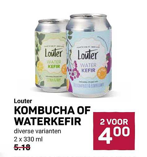 Louter KOMBUCHA OF WATERKEFIR diverse varianten 2 x 330 ml 2 VOOR 4,00