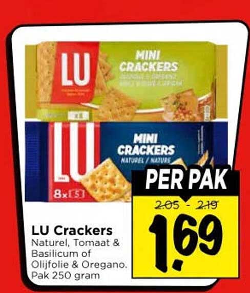 LU Crackers Naturel, Tomaat & Basilicum of Oliefolie & Oregano. Pak 250 gram PER PAK