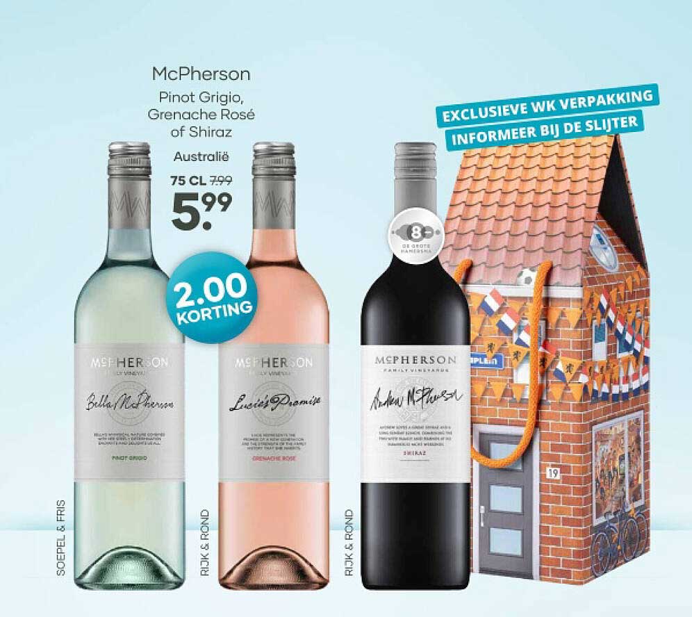 McPherson Pinot Grigio, Grenache Rosé of Shiraz Australië 75 cl 2.00 korting