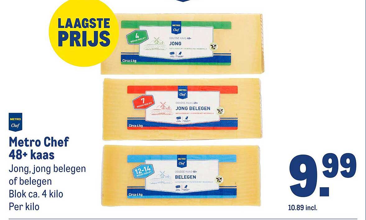 Metro Chef 48+ kaas Jong, jong belegen of belegen Blok ca. 4 kilo Per kilo