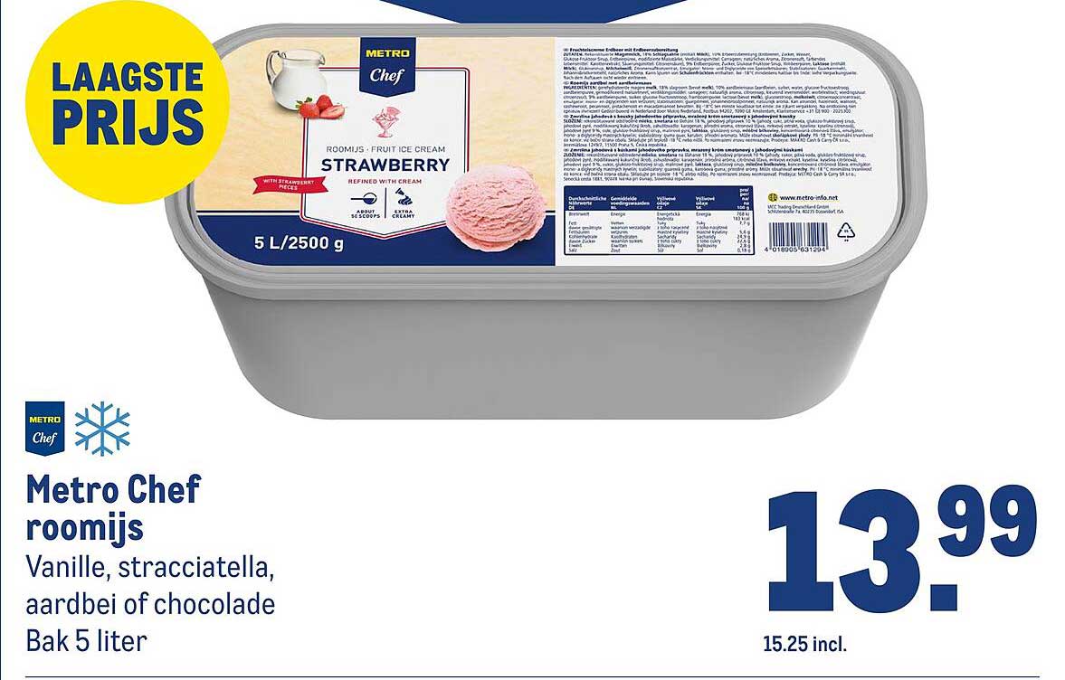 Metro Chef roomijs Vanille, stracciatella, aardbei of chocolade Bak 5 liter