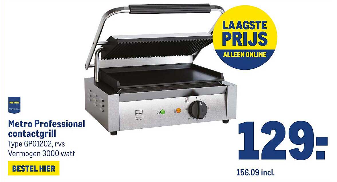 Metro Professional contactgrill Type GPG1202, rvs Vermogen 3000 watt BESTEL HIER