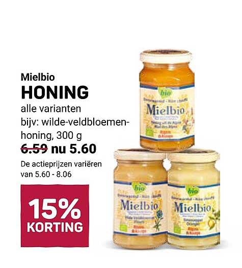 Mielbio HONING alle varianten bijv: wilde-veldbloemen-honing, 300 g 15% KORTING