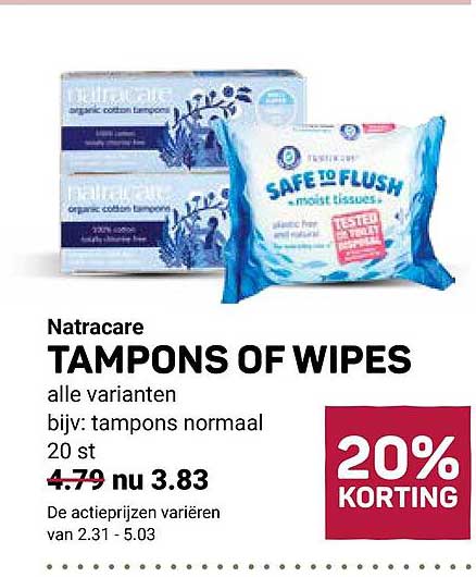 Natracare TAMPONS OF WIPES alle varianten bijv: tampons normaal 20 st 20% KORTING