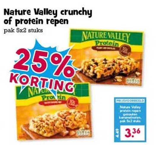 Nature Valley crunchy of protein repen pak 5x2 stuks 25% korting