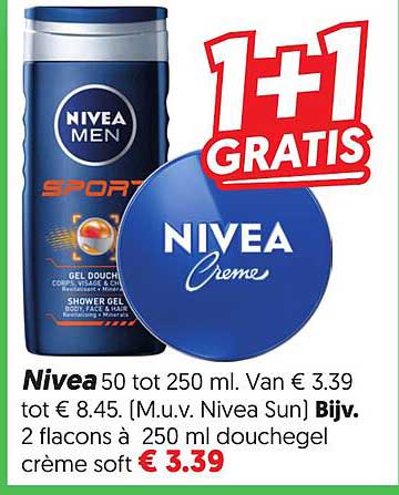Nivea 50 tot 250 ml. Van € 3,39 tot € 8,45. (M.u.v. Nivea Sun) Bijv. 2 flacons à 250 ml douchegel crème soft 1+1 GRATIS