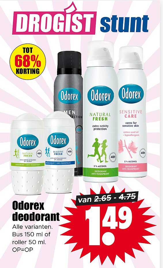 Odorex deodorant Alle varianten. Bus 150 ml of roller 50 ml. OP=OP