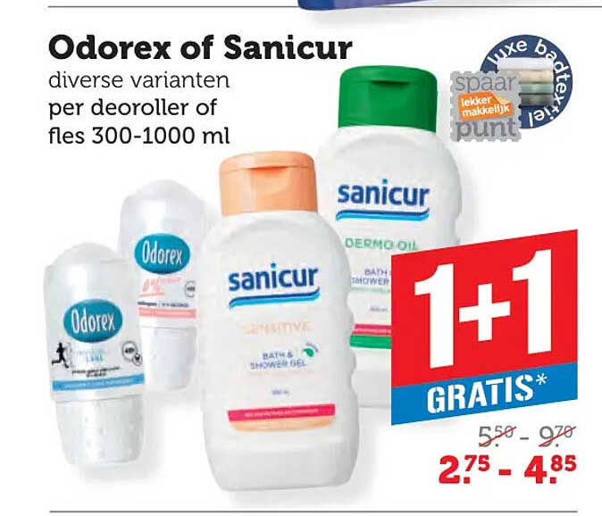 Odorex of Sanicur diverse varianten per deodorant of fles 300-1000 ml 1+1 GRATIS*