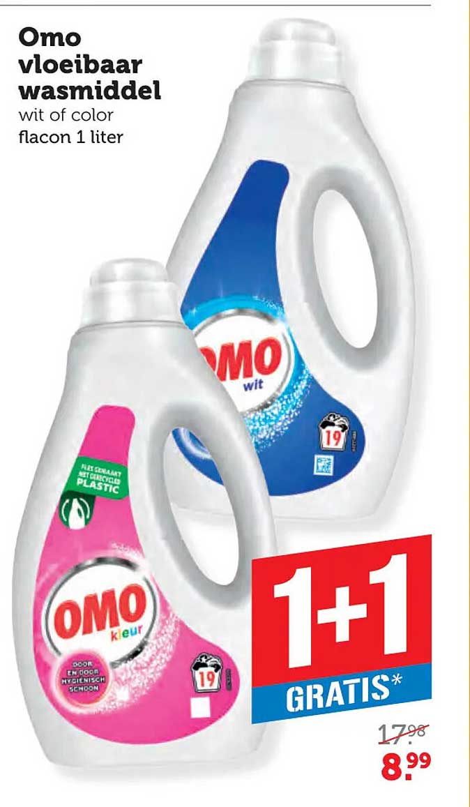 Omo vloeibaar wasmiddel wit of color flacon 1 liter 1+1 gratis